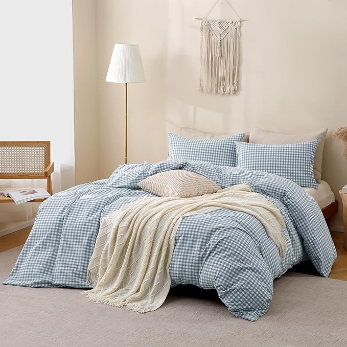 TOCOMOA Blue Gingham Duvet Cover Bedding Set 100% Washed Cotton Like Linen Feel - Image 2