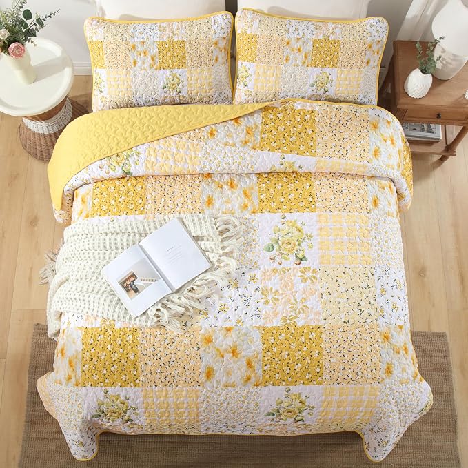 Mybedsoul Patchwork Quilts Queen Size, Soft Yellow Boho Floral Bedspreads - Image 5