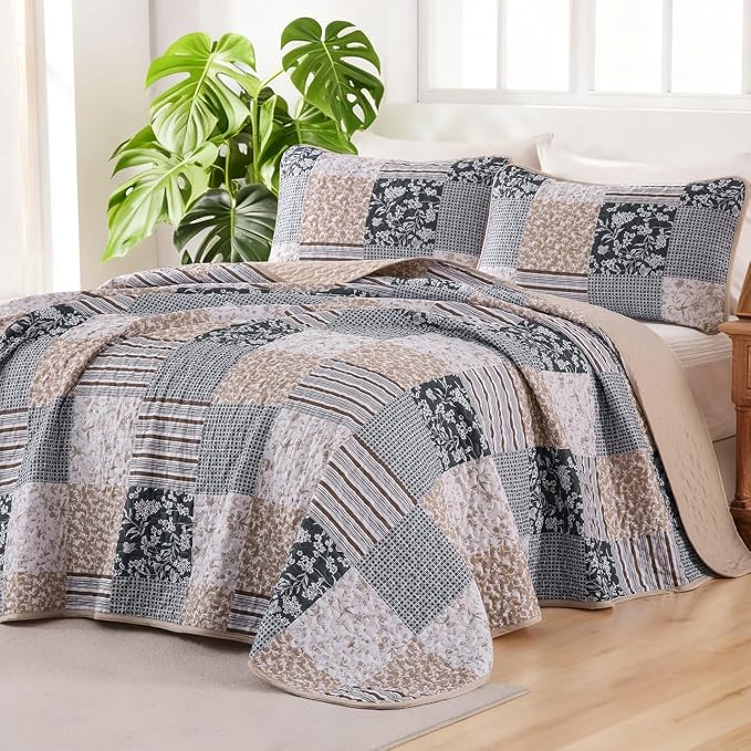 Mybedsoul Patchwork Quilt Set King Size, 3 Pieces Blue Brown Floral Plaid - Image 2