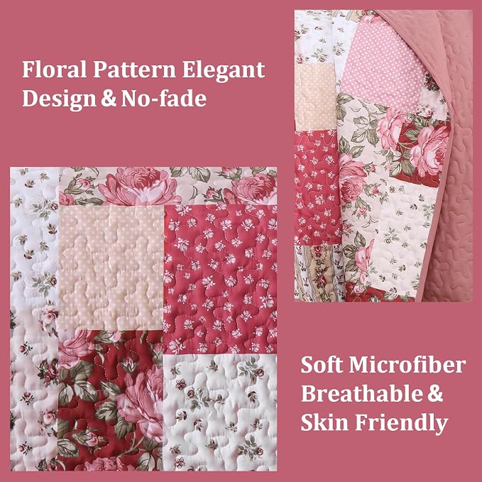 Anibedding 3Pieces Patchwork Quilts King Size, Bohemian Red Flower Plaid - Image 3