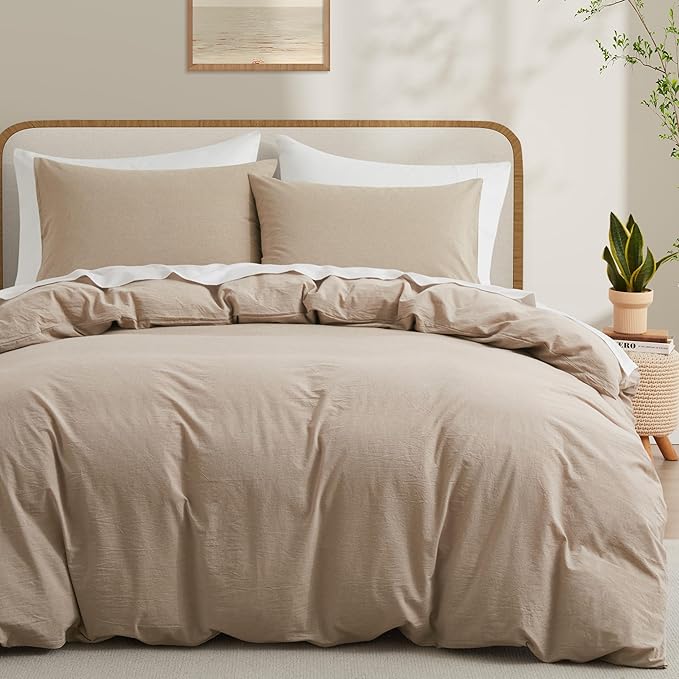 100% Washed Cotton Duvet Cover Set, Linen Like Natural Bedding Set by LOVQUE