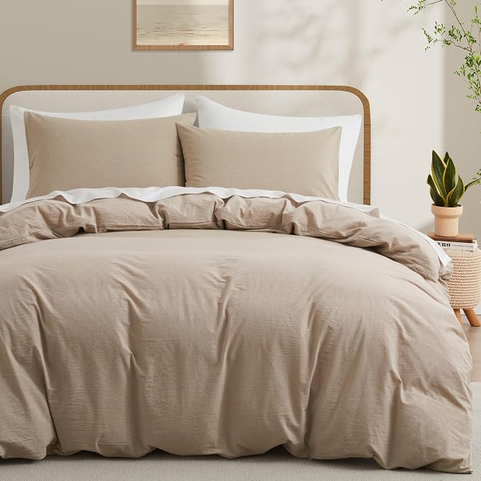 LOVQUE Linen Grey Duvet Cover Full Size, 100% Washed Cotton Linen Like Bedding by LOVQUE