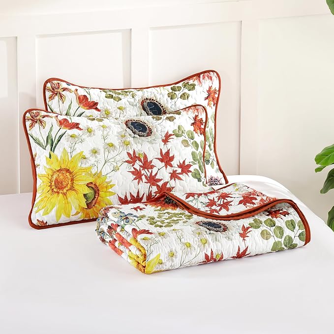 Yiran Fall Floral Quilt Set Queen Size, 3 Pieces Soft Lightweight Microfiber - Image 9