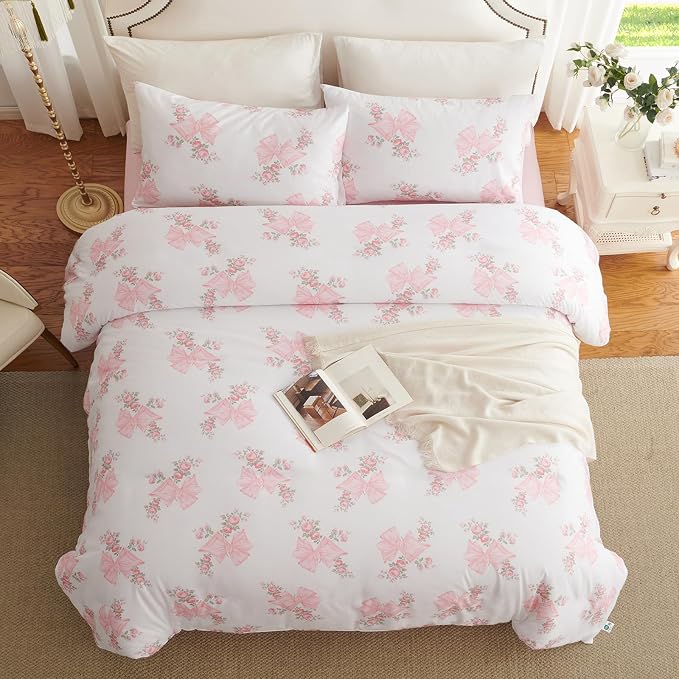 Nayoroom Pink Bow Duvet Cover Full Size Coquette Pink Floral Duvet Cover 3 - Image 6