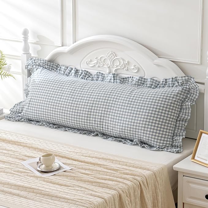 Blue White Plaid Ruffled Body Pillow Sham Washed Cotton Shabby Checkered by Qilunn