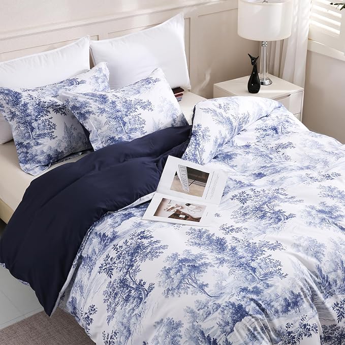 LONAVA Queen Botaincal 3 Pcs Duvet Cover Set, Breathable Soft Microfiber Navy - Image 8