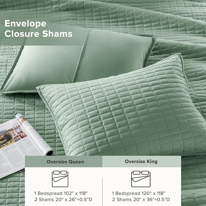 Comfort Spaces Sage Green Oversized Queen Quilt Set 102"x118" Bedspread Quilted - Image 5