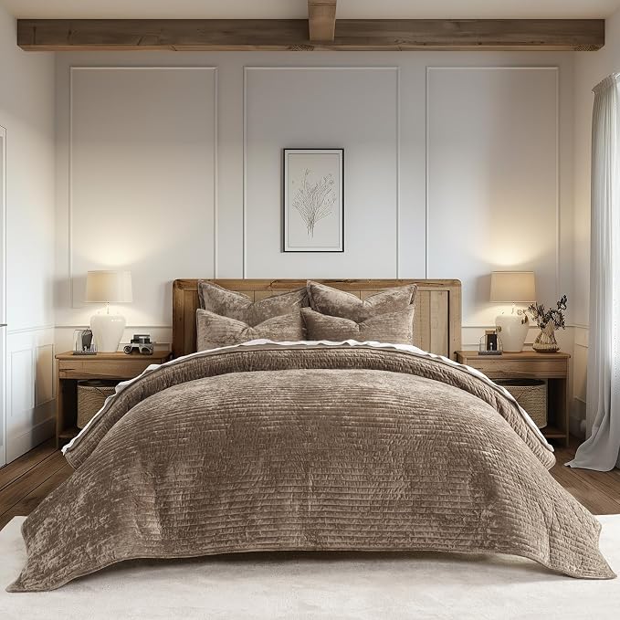 EverGrace Velvet Quilt Set King Size, Luxurious Soft Striped Channel Bedding Set by EverGrace