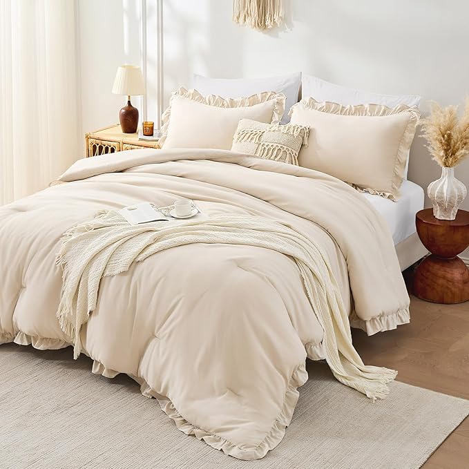 FUANNA King Size Comforter Set Beige, 3 Pieces Ruffle King Bedding Set by FUANNA