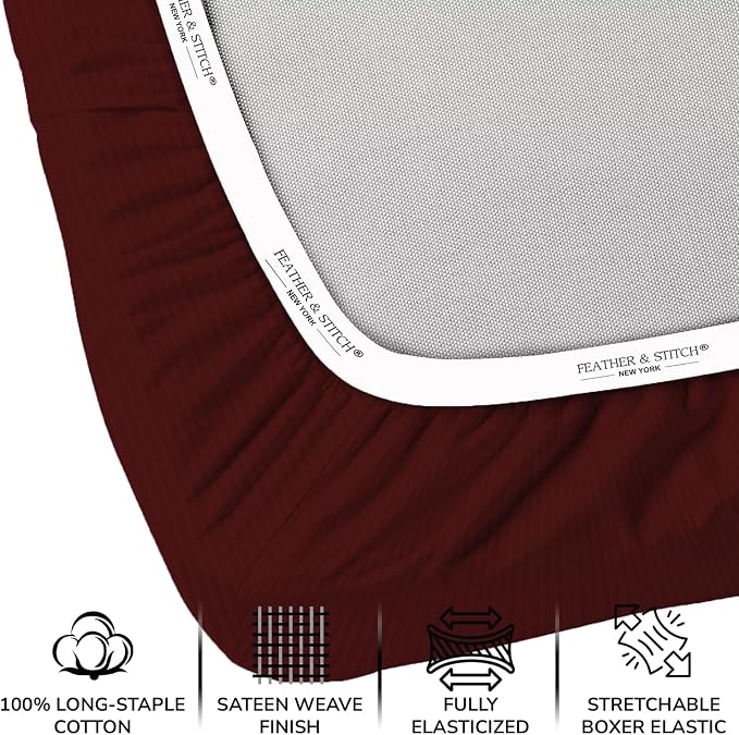 Feather & Stitch 1 Piece Fitted Sheet Full Size, 100% Cotton Damask Sateen Weave - Image 2