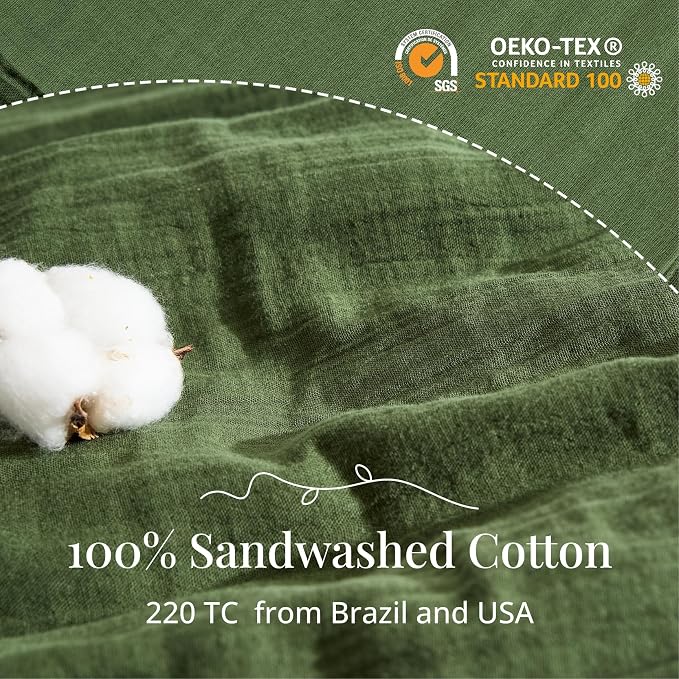 Green Duvet Cover King, 100% Sandwashed Cotton Soft King Size Duvet Cover Set 3 - Image 3