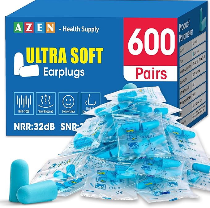 AZEN 600 Pairs Ear Plugs, NRR 32dB Soft Foam Ear Plugs by AZEN