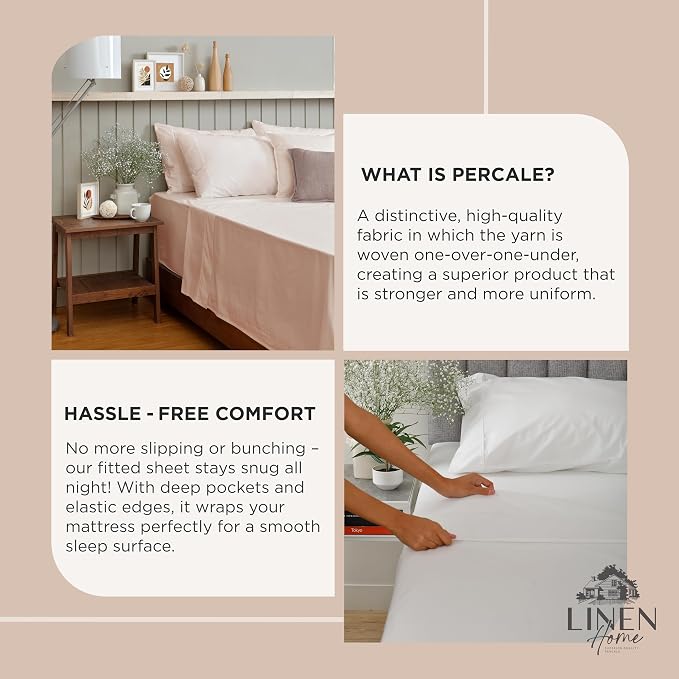 Linen Home 100% Cotton Percale Weave Fitted Sheet, King Size, Sand Shell - Image 4