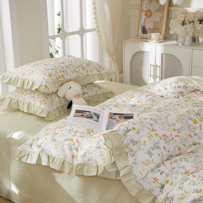 mixinni 100% Cotton Duvet Cover Set Twin, Reversible Spring Floral Ruffle Green - Image 4