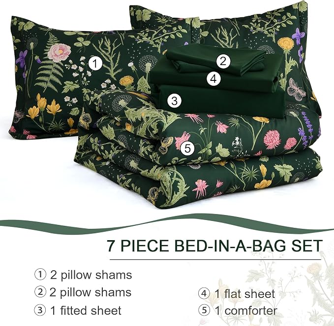 Yiran Floral Full Size Comforter Set, 7 Piece Dark Green Comforter Bedding Set - Image 7