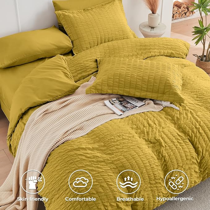 HYMOKEGE Mustard Yellow Twin XL Comforter Set Seersucker 5 Pieces, All Season - Image 3