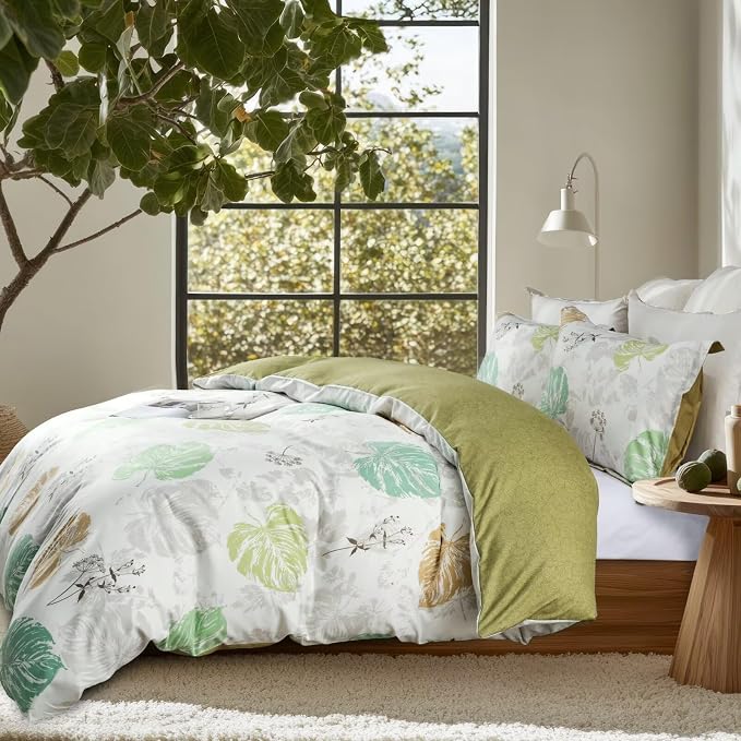 OAITE Duvet Cover King Size, Reversible Fallen Leaves Green Duvet Cover Set - Image 3