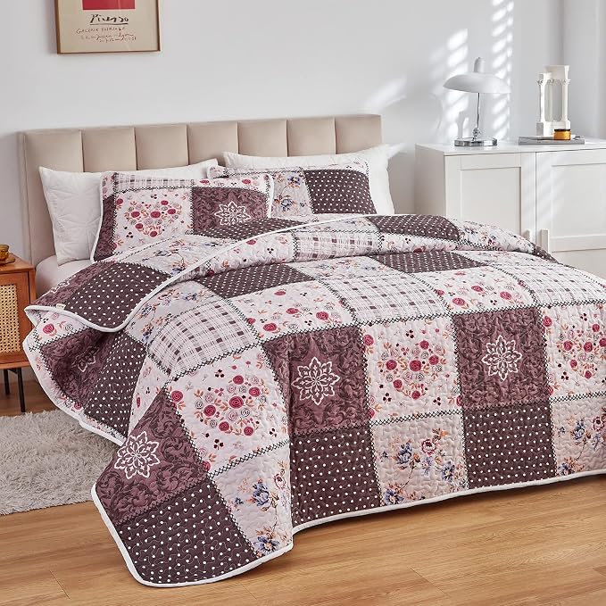 Patchwork Quilt Set Full/Queen Size, 3 Pieces Brown Floral Plaid Summer - Image 2