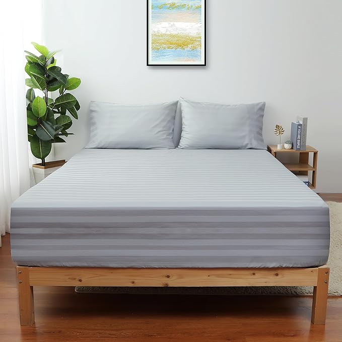 Queen Size Striped Fitted Sheet Only Gray Color, 100% Egyptian Cotton 600 by ShunjieHome