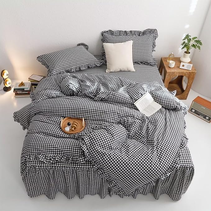 mixinni Black White Gingham Ruffle Duvet Cover Full Size 3 Pieces – 100% Washed - Image 2