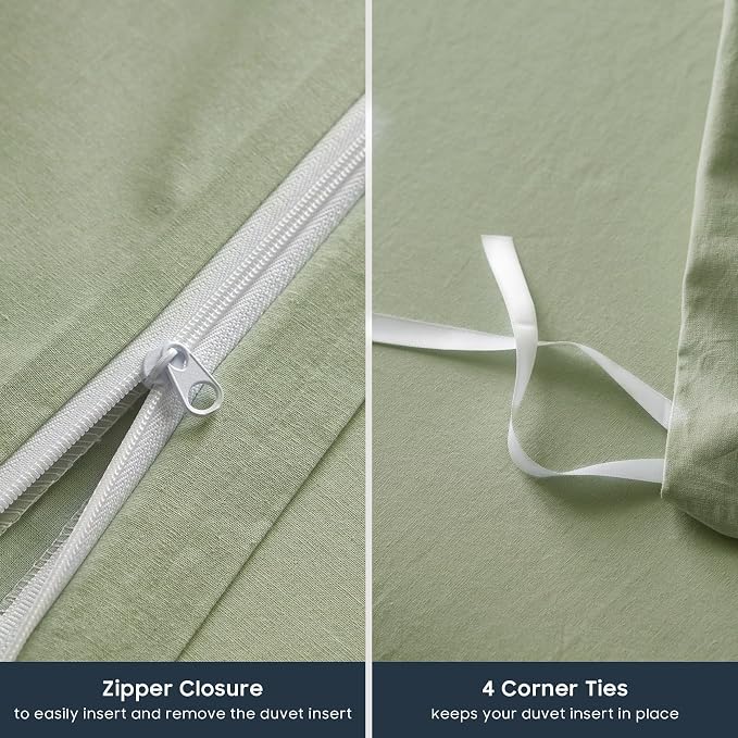 Wake In Cloud - Cotton Duvet Cover Set, King Size, Sage Green, 100% Washed - Image 7