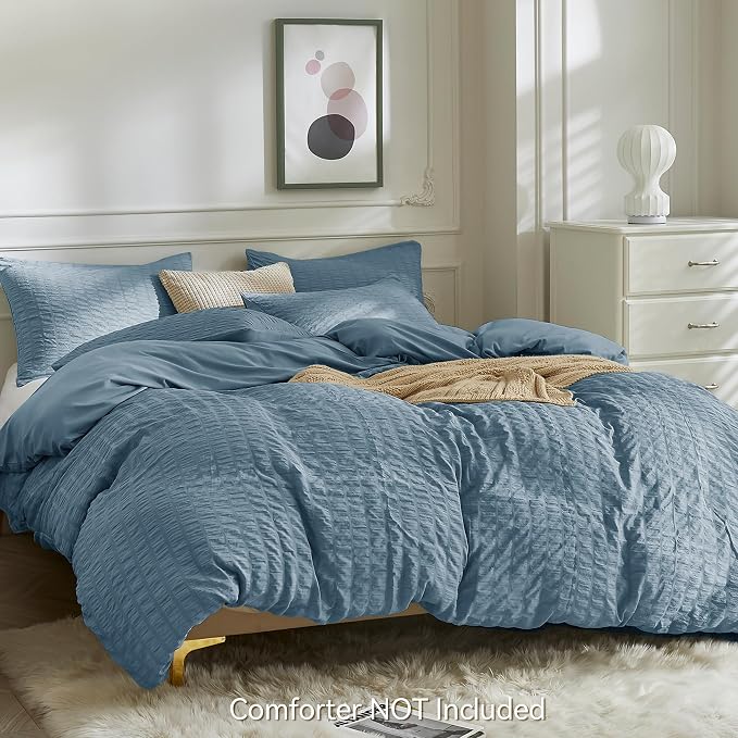 JELLYMONI Sierra Blue Duvet Cover Full Size, Soft Breathable Seersucker Duvet - Image 3