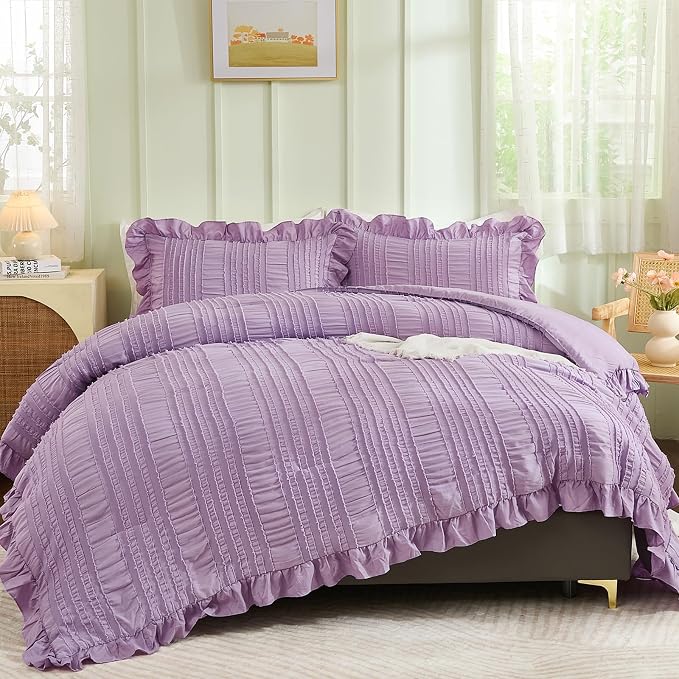 WONGS BEDDING Purple Comforter Set King, 3 Pieces Ruffle Farmhouse Shabby Chic by WONGSBEDDING