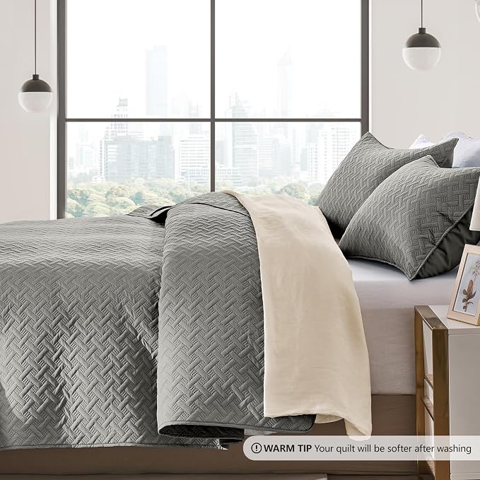 FLYMME Queen Quilt Bedding Set Dark Grey Lightweight Bedspreads Full Size - Image 4