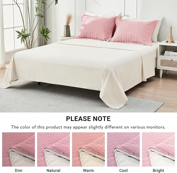 HYMOKEGE Pink/Ivory California King Comforter Set Seersucker 7 Pieces, All - Image 5