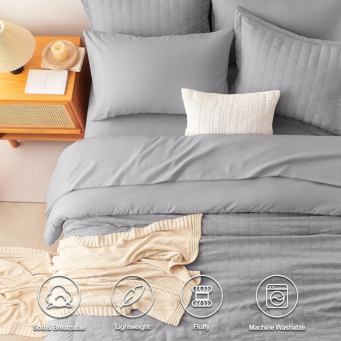 CozyLux Queen Comforter Set Grey Seersucker 7 Pieces Bed in a Bag Queen - Image 2