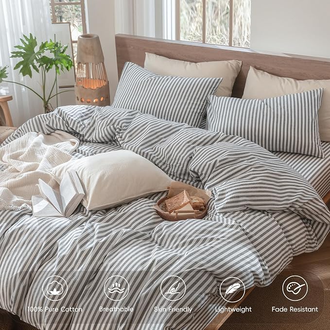 MooMee Striped Duvet Cover Set 100% Washed Cotton Linen Like Textured - Image 4