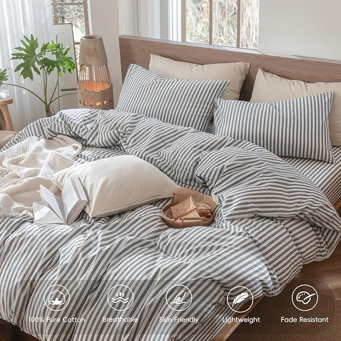 MooMee Striped Duvet Cover Set 100% Washed Cotton Linen Like Textured - Image 4