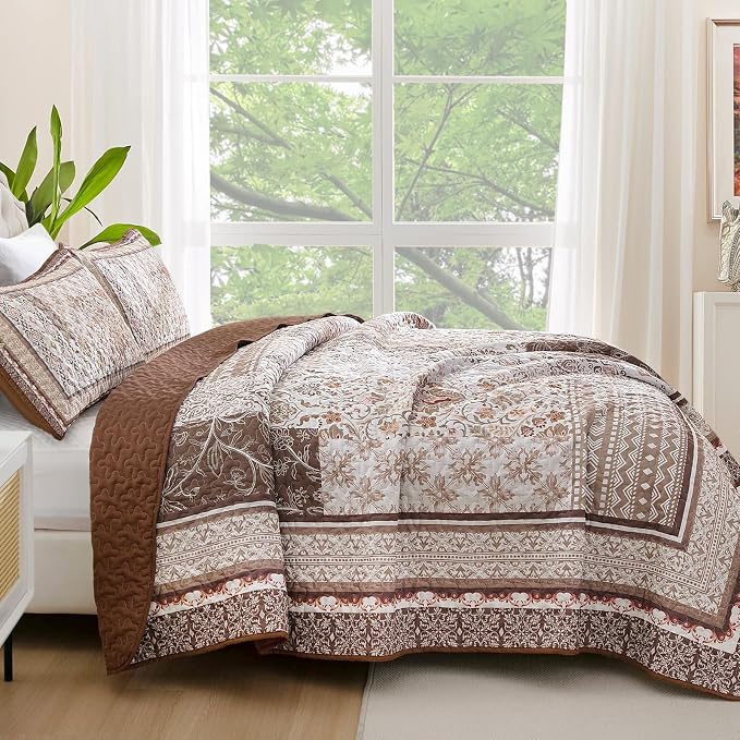 WONGS BEDDING Brown Quilt Set King Size, Boho Floral Pattern Bedspread Coverlet - Image 3
