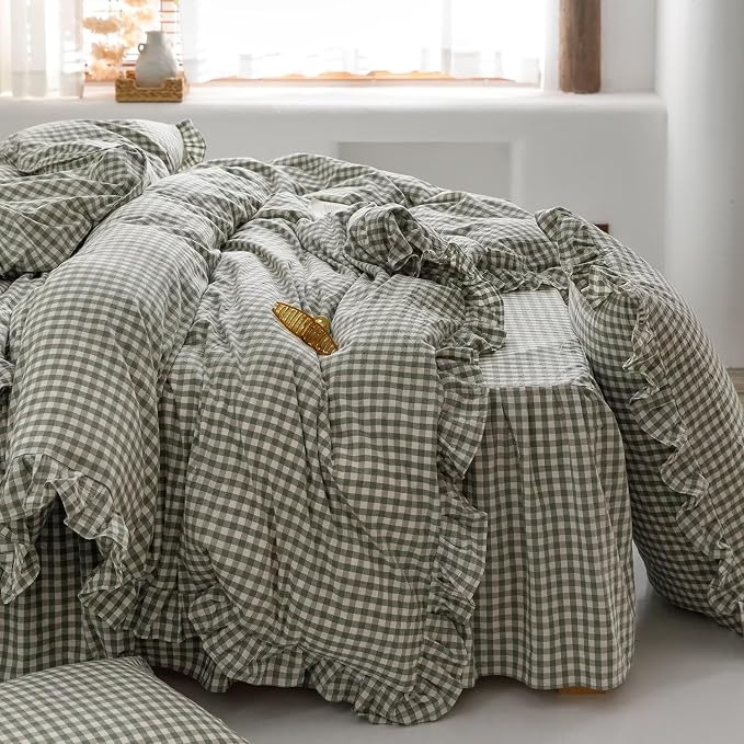 mixinni Green Gingham Ruffle Duvet Cover Queen Size 3 Pieces – 100% Washed - Image 6
