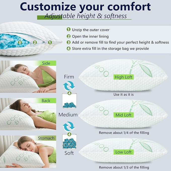 Cooling Pillows, Shredded Memory Foam Pillows King Size Set of 2 Adjustable - Image 3