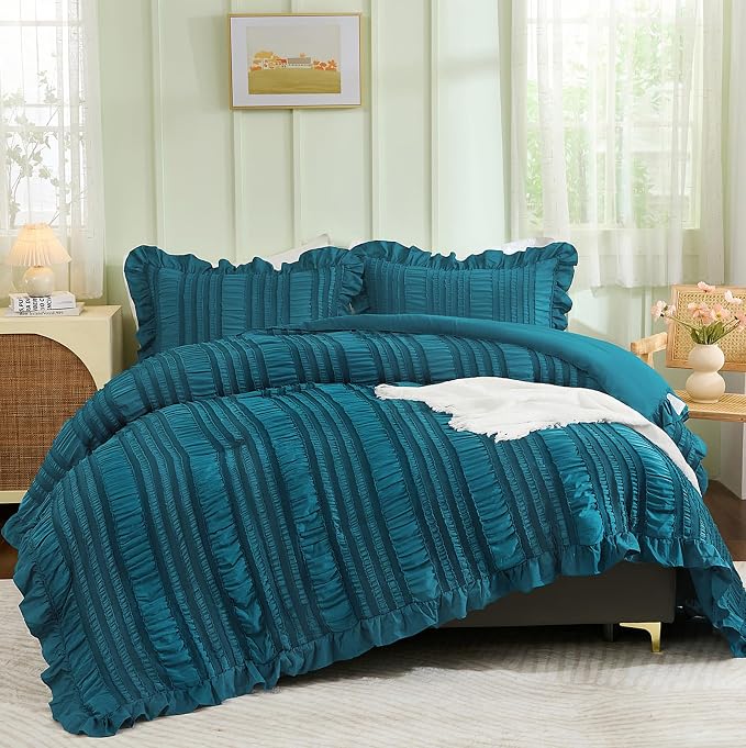 WONGS BEDDING Teal Comforter Set King, 3 Pieces Ruffle Farmhouse Shabby Chic by WONGSBEDDING