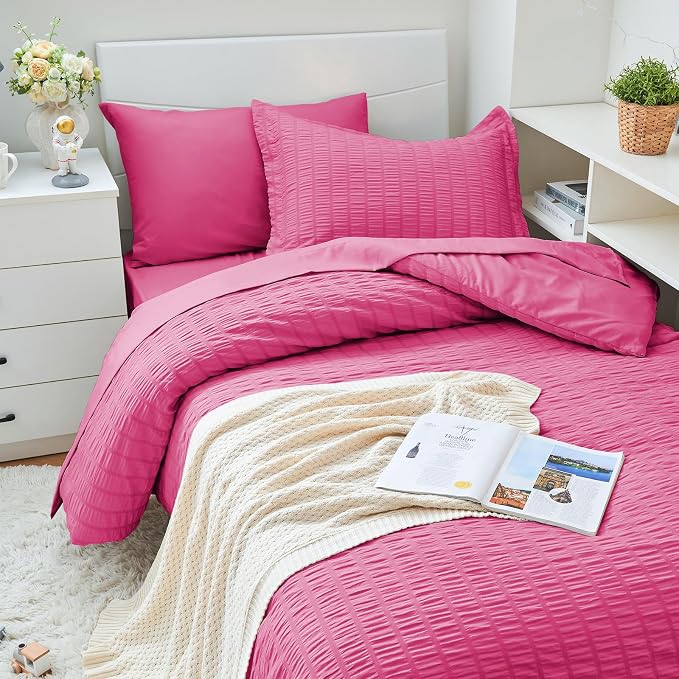 HYMOKEGE Hot Pink Twin XL Comforter Set Seersucker 5 Pieces, All Season Luxury - Image 2