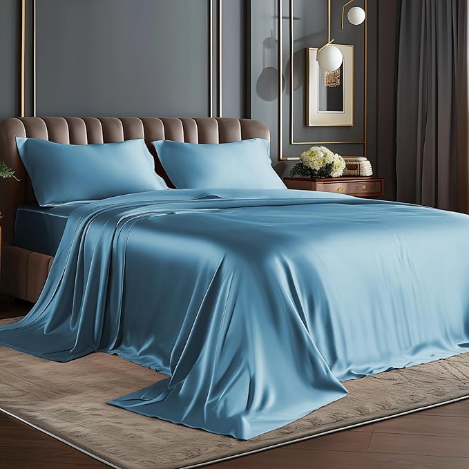 BEDELITE King Size Sheets Set, Luxury Soft Airy Blue Satin Sheets by BEDELITE