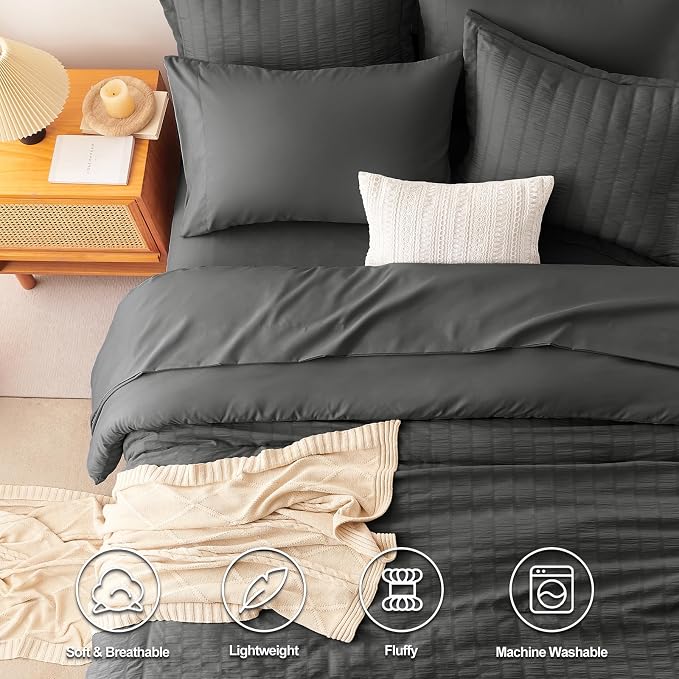 CozyLux Queen Comforter Set Dark Grey Seersucker 7 Pieces Bed in a Bag Queen - Image 2