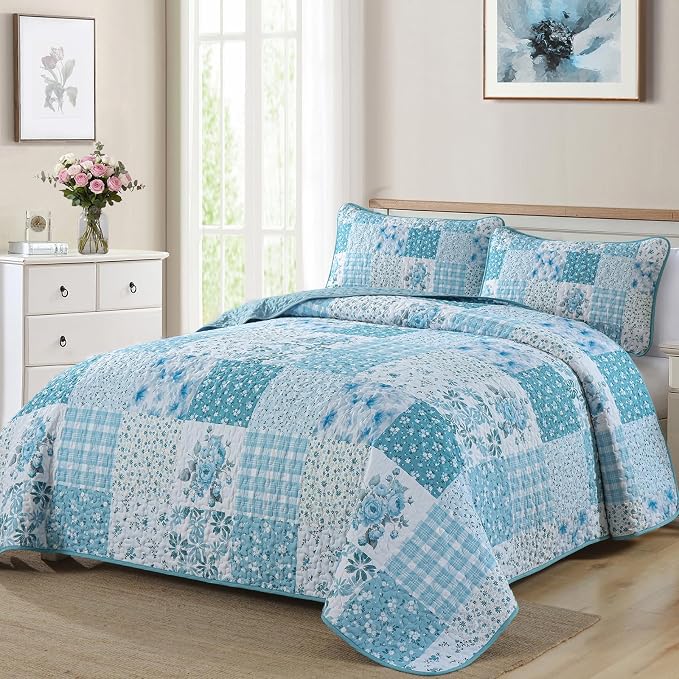 Mybedsoul Blue Patchwork Queen Size Quilt, Soft Boho Floral Spring Bedspreads - Image 2