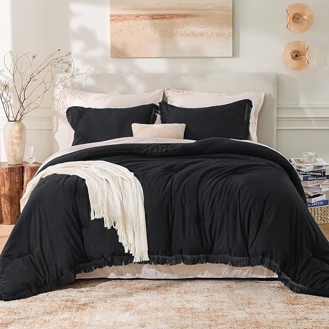 Andency Black Comforter Set California King, 3 Pieces Boho Tassel Lightweight - Image 2