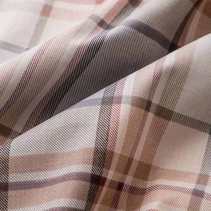 SUSYBAO Brown Tartan Duvet Covr King 100% Cotton 3 Pcs Set 1 Khaki Buffalo - Image 3