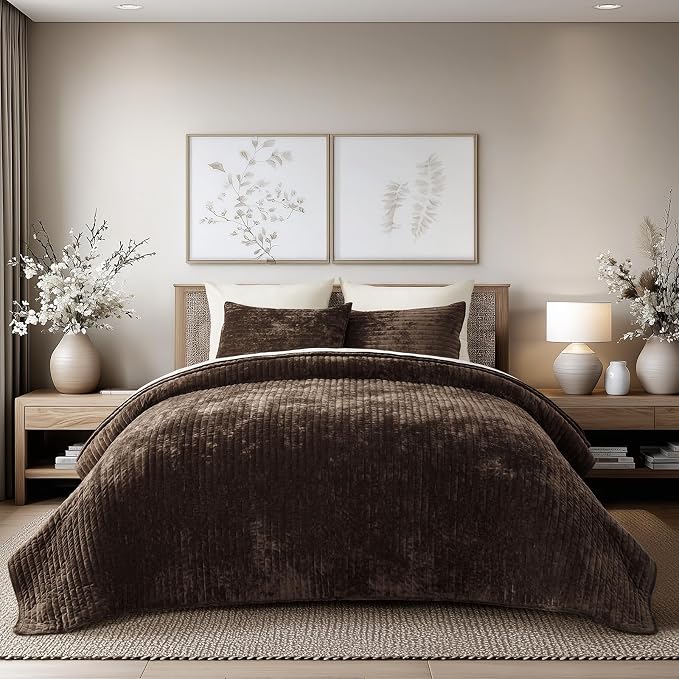 EVERGRACE Velvet Quilt Set Queen Size, Luxurious Soft Striped Channel Bedding by EverGrace