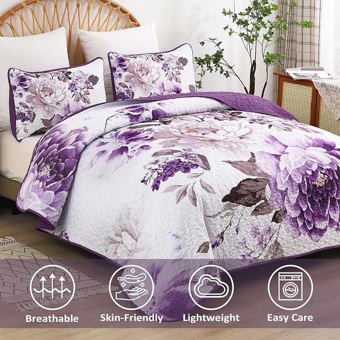 WONGS BEDDING Purple Floral Quilt Set King, 3 Pieces Reversible Lightweight - Image 3