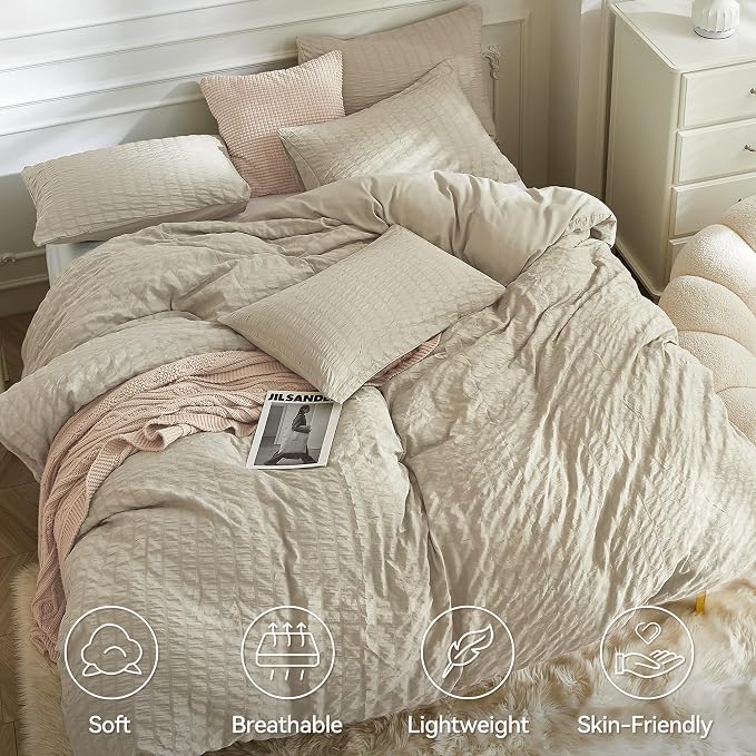 JELLYMONI Light Khaki Duvet Cover King Size, Soft Breathable Seersucker Duvet - Image 2