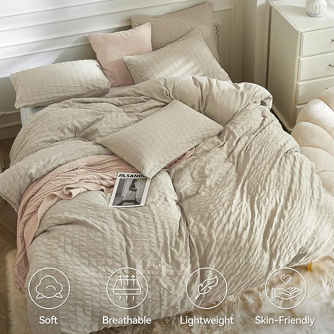 JELLYMONI Light Khaki Duvet Cover Full Size, Soft Breathable Seersucker Duvet - Image 2