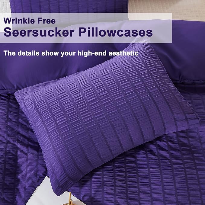 AveLom Dark Purple Duvet Cover Cal King, 3 Pieces, Seersucker Striped Soft - Image 6