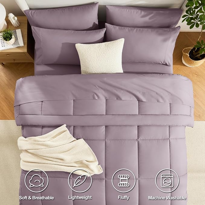 CozyLux Queen Comforter Set Dusty Purple, 7 Pieces Bed in a Bag, Bedding Set - Image 2