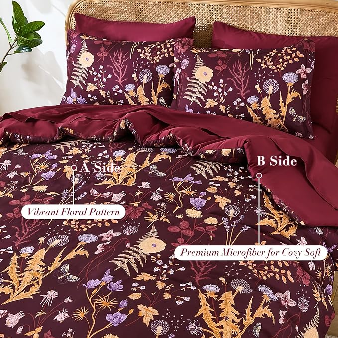Yiran King Size Comforter Set 7 Piece, Burgundy Floral Bedding Set, Lightweight - Image 2