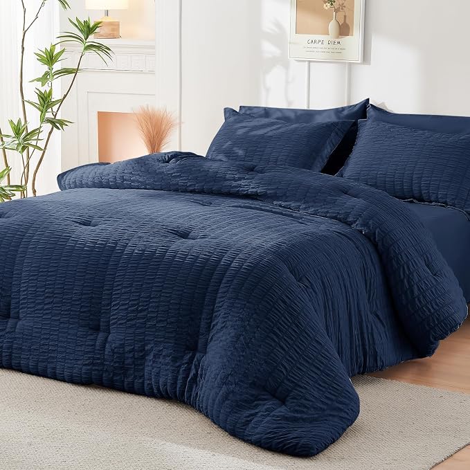 HYMOKEGE Navy Blue Oversized Queen Comforter Set Seersucker 7 Pieces, All - Image 8